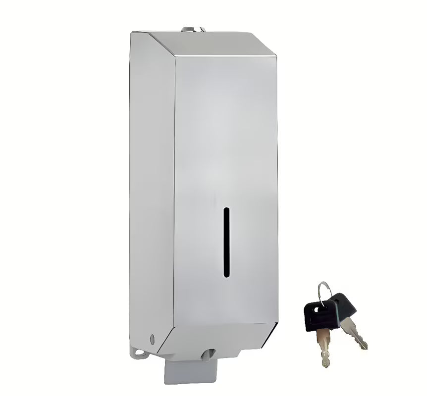 Zaklepni stenski dozirnik tekočega mila Bemeta v brušeni nerjavni izvedbi s prostornino 1 100 ml.