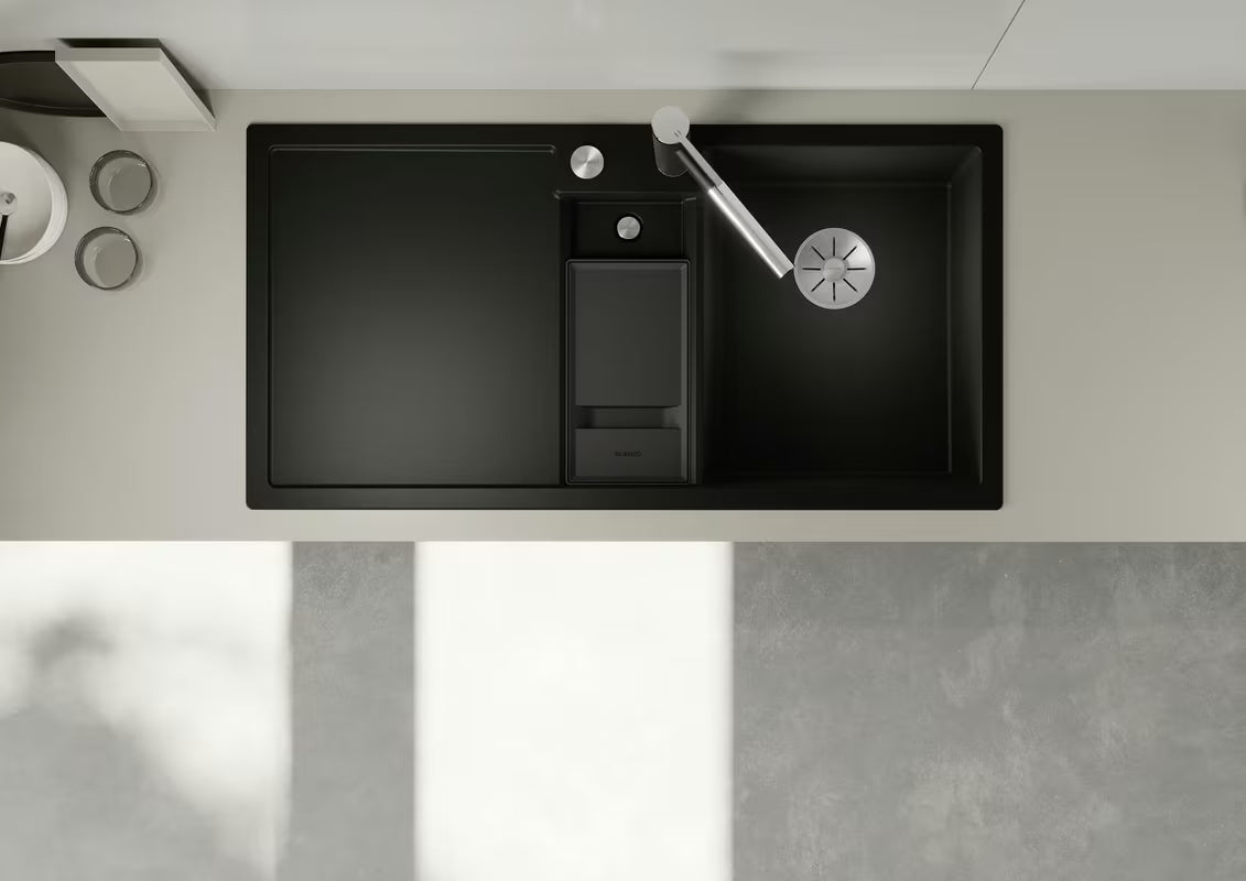 Črn granitni pomivalno korito Blanco 100 x 51 cm z odcejalnikom, koritom in desno orientacijo