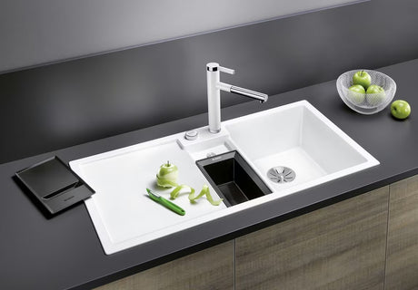 Črn granitni pomivalno korito Blanco 100 x 51 cm z odcejalnikom, koritom in desno orientacijo