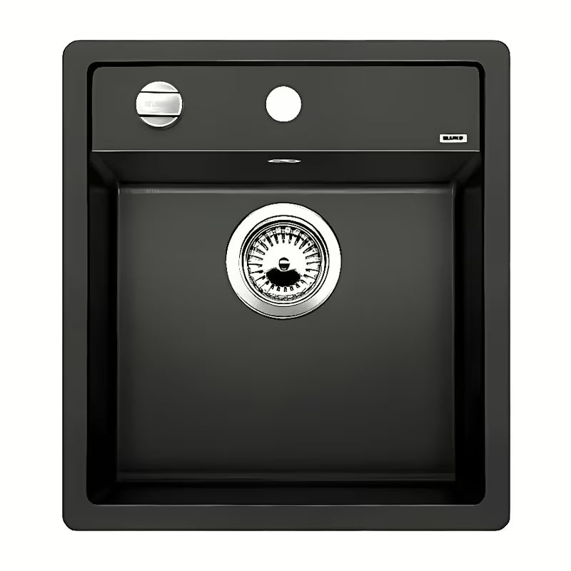 Črn pomivalno korito Blanco Dalago iz materiala Silgranit z ekscentričnim upravljanjem, za vgradnjo od zgoraj