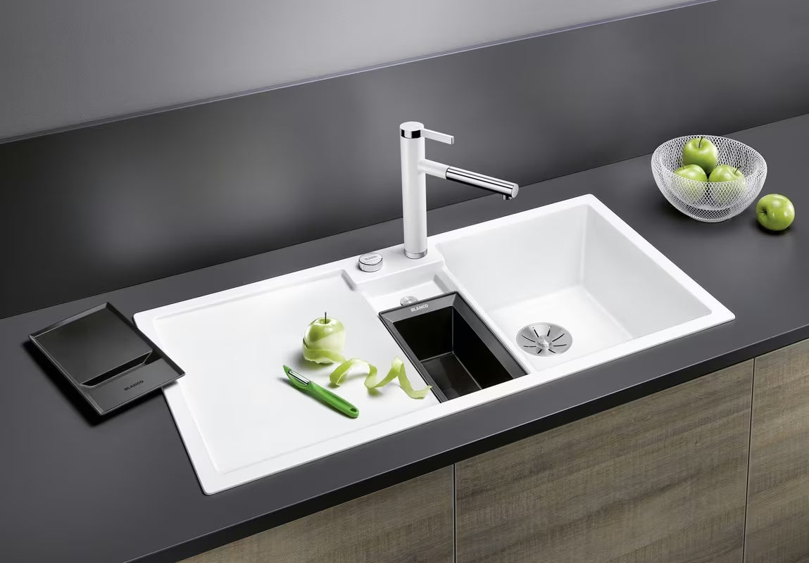 Crni granitni pomivalno korito Blanco 100 x 51 cm s ocjedom, koritom i desnom orijentacijom