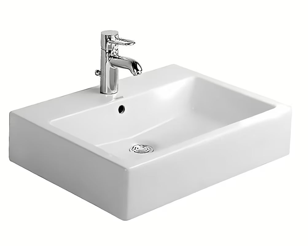 Beli sijajni viseče keramični umivalnik Duravit Vero 60x47 cm s prelivom in odprtino pro za armaturo
