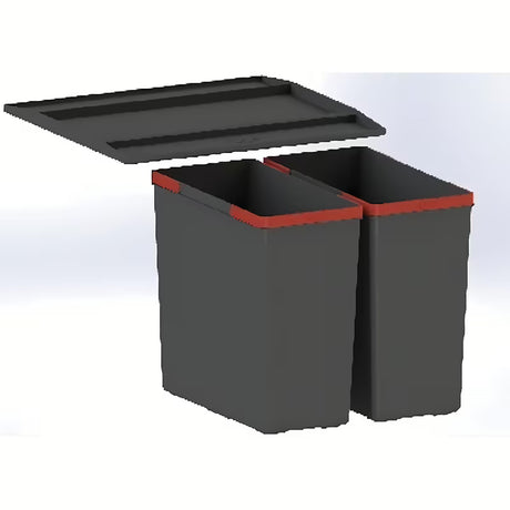 Črn vgradni koš za smeti Franke Sorter z dvema posodama pro za ločevanje dveh vrst odpadkov v predal.