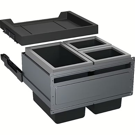 Vgradni koš za smeti sorter Franke s sprednjim izvlekom, tremi koši in predalom z ogljikovim filtrom v črni in sivi barvi.