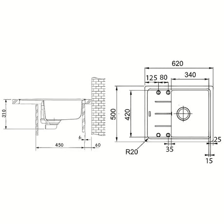 Črni mat pomivalno korito Franke Oid 611-62 iz materiala Tectonite z odcejalnikom za delovni pult.