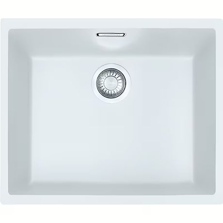 Belo kuhinjsko enojno korito Franke Sid110-50 iz Tectonite pro za zgornjo montažo pod delovni pult s skritim prelivom.