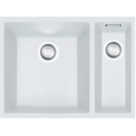 Belo pomivalno korito Franke Sirius iz materiala Tectonite pro montaža pod delovni pult z dvema koritoma.