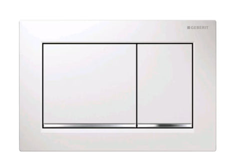 Bela sijajna aktivirna tipka Geberit Omega30 pro za podometni splakovalnik Geberit Omega z dvojnim splakovanjem.
