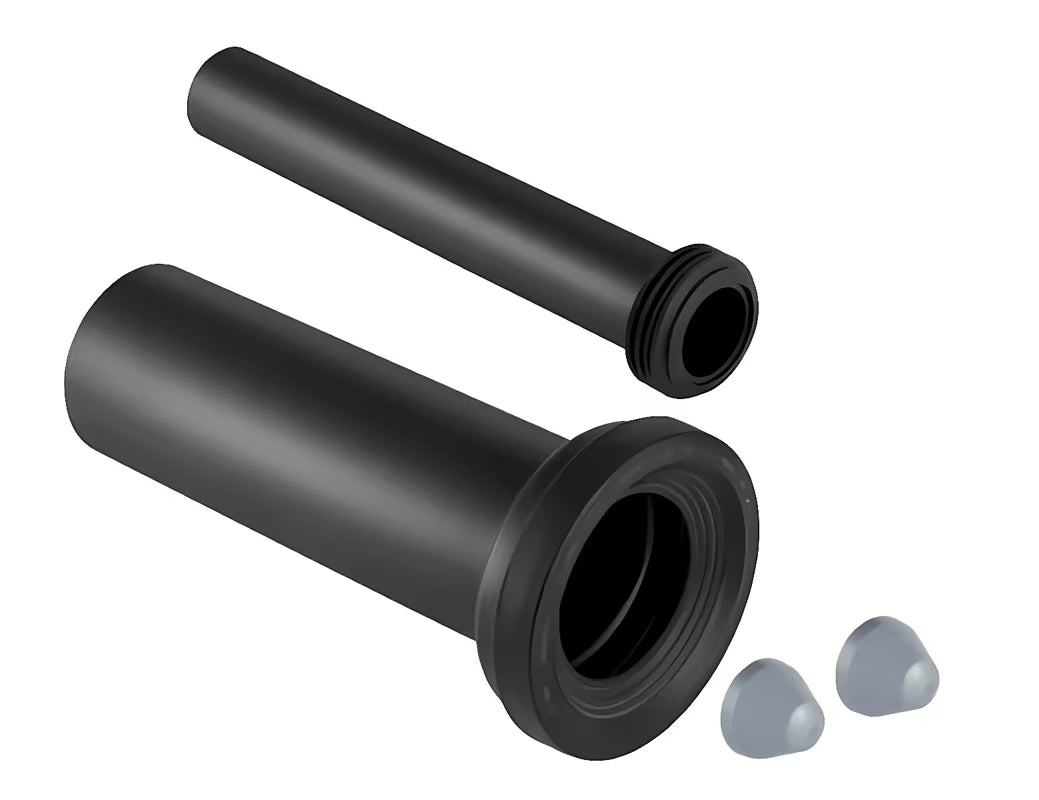 Produženi priključni set Geberit od PE-HD pro viseča WC školjka s cijevima, manšetama i pokrovnim kapicama.