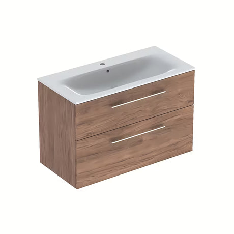 Viseča omarica s keramičnim umivalnikom Geberit Selnova v dekorju oreh hickory, 100x50,2x65,2 cm.