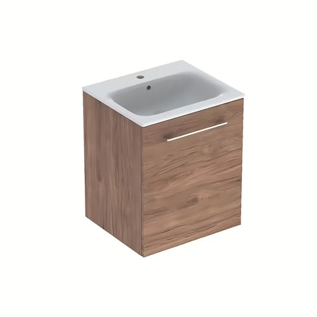 Viseča kopalniška omarica s keramičnim umivalnikom Geberit Selnova v dekorju oreh hickory.