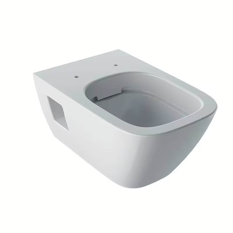 Beli viseča WC školjka Geberit Selnova Square s tehnologijo Rimfree brez splakovalnega kroga in oglato zasnovo.