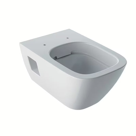 Beli viseča WC školjka Geberit Selnova Square s tehnologijo Rimfree brez splakovalnega kroga in oglato zasnovo.