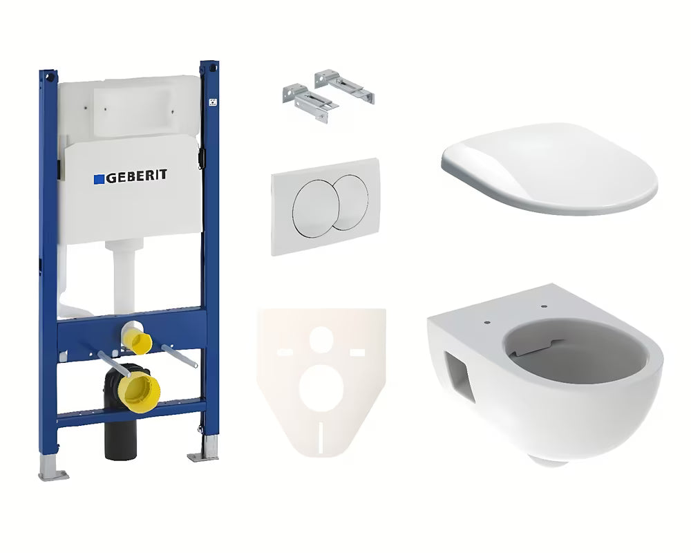 Viseči WC set Geberit Selnova v beli izvedbi z Rimfree školjko, modulom in sedežem z mehko Zapiranje Soft Close