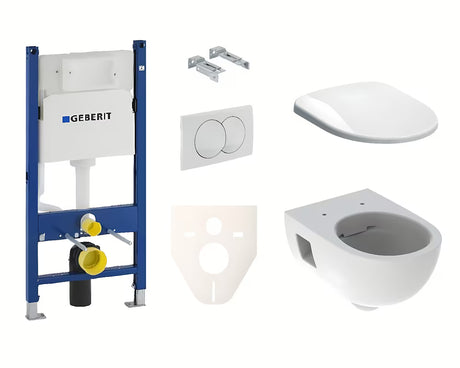 Viseči WC set Geberit Selnova v beli izvedbi z Rimfree školjko, modulom in sedežem z mehko Zapiranje Soft Close