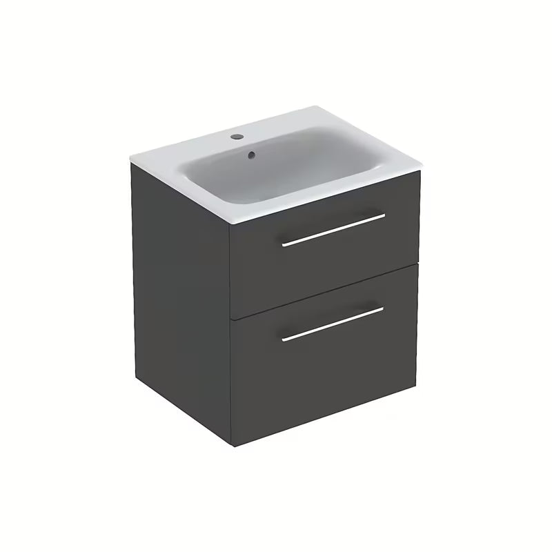 Viseča kopalniška omarica s keramičkim umivaonikom Geberit Selnova u antracit dekoru lava, mat površina.