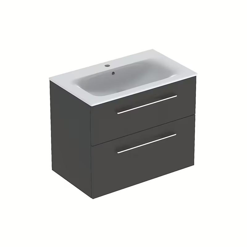 Viseča ormarić s keramičkim umivaonikom Geberit Selnova u antracit dekoru lava s mat površinom.