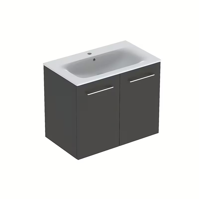 Viseča kopalniška omarica s keramičkim umivaonikom Geberit Selnova u antracit izvedbi.