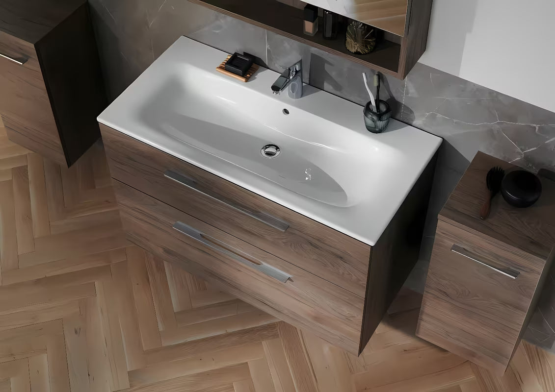 Viseča ormarić s keramičkim umivaonikom Geberit Selnova u dekoru oraha hickory, 100x50,2x65,2 cm.