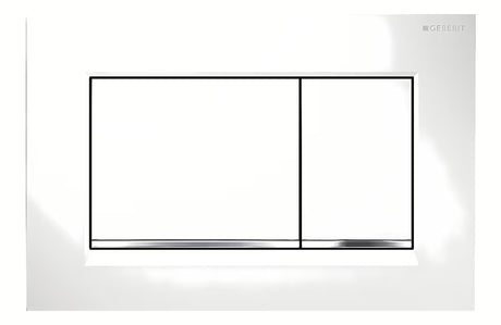 Bijela aktivirna tipka Geberit Sigma30 s kromiranom sjajnom trakom pro za ugradbeni vodokotlić Geberit Sigma.