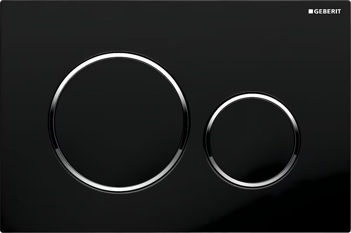 Crna dvokoličinska aktivirna tipka Geberit Sigma20 s prstenovima CR sjaj pro za vodokotliće Geberit Sigma