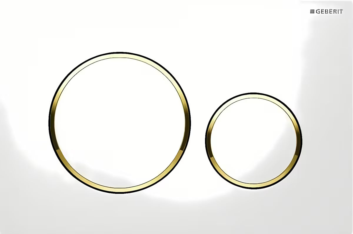 Geberit Sigma20 dvokoličinska aktivirna tipka u bijeloj boji sa zlatnim prstenovima pro za vodokotliće Geberit Sigma.