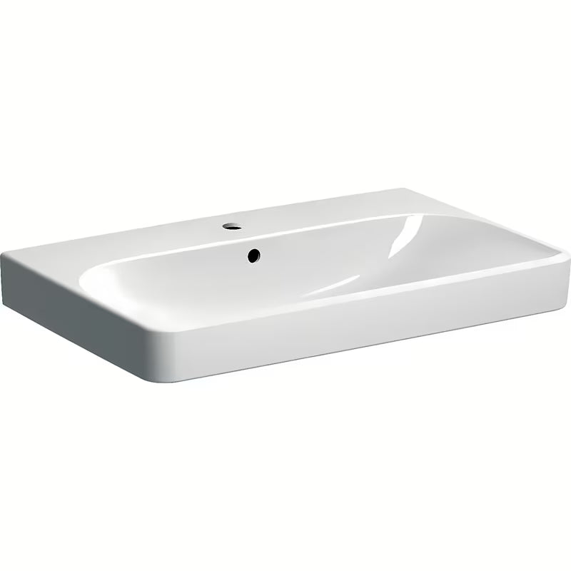 Beli keramični viseči umivalnik Geberit Smyle Square 75x48 cm s sredinsko odprtino pro armaturo