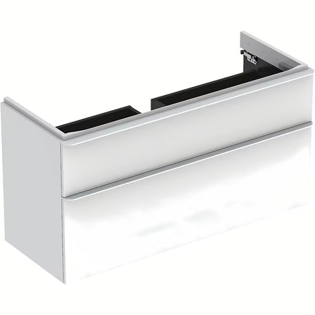 Bela viseča omarica pod umivalnikom Geberit Smyle Square 118,4x62x47 cm s tihim zapiranjem mehko Zapiranje Soft Close.