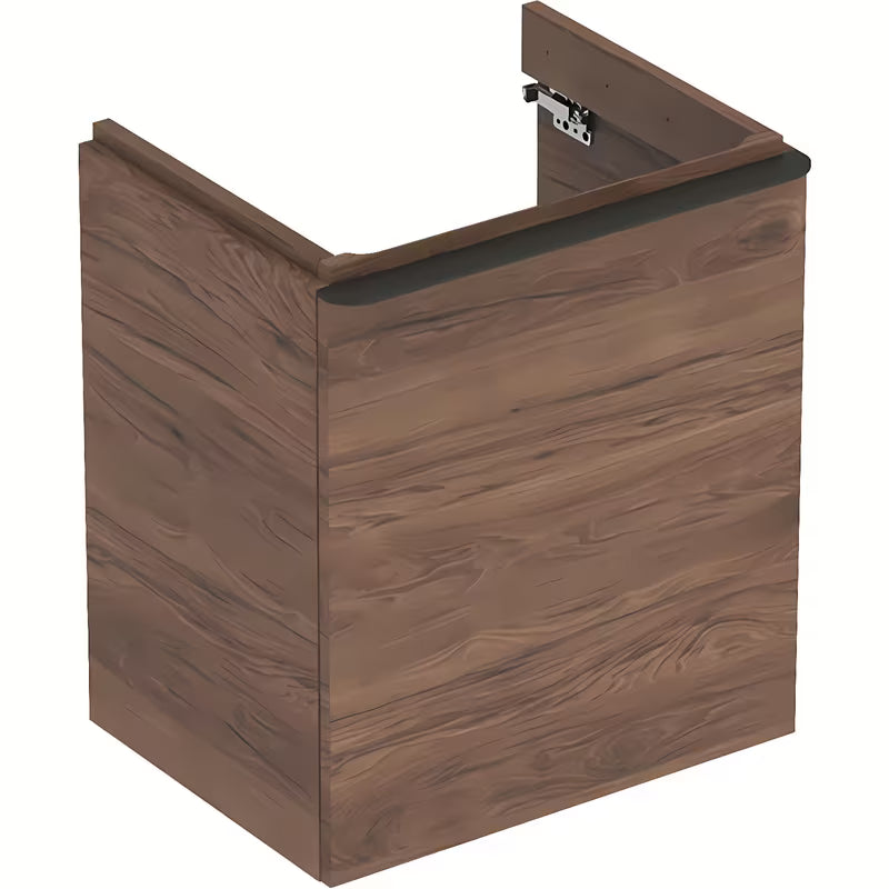 Viseča omarica pod umivalnikom Geberit v dekorju oreh, dimenzije 53,6x62x43,3 cm.
