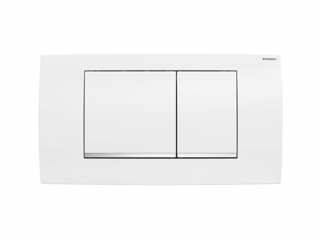 Bijele aktivirna tipka Geberit Twinline30 sa sjajnom kromiranom trakom pro dvokoličinsko ispiranje.