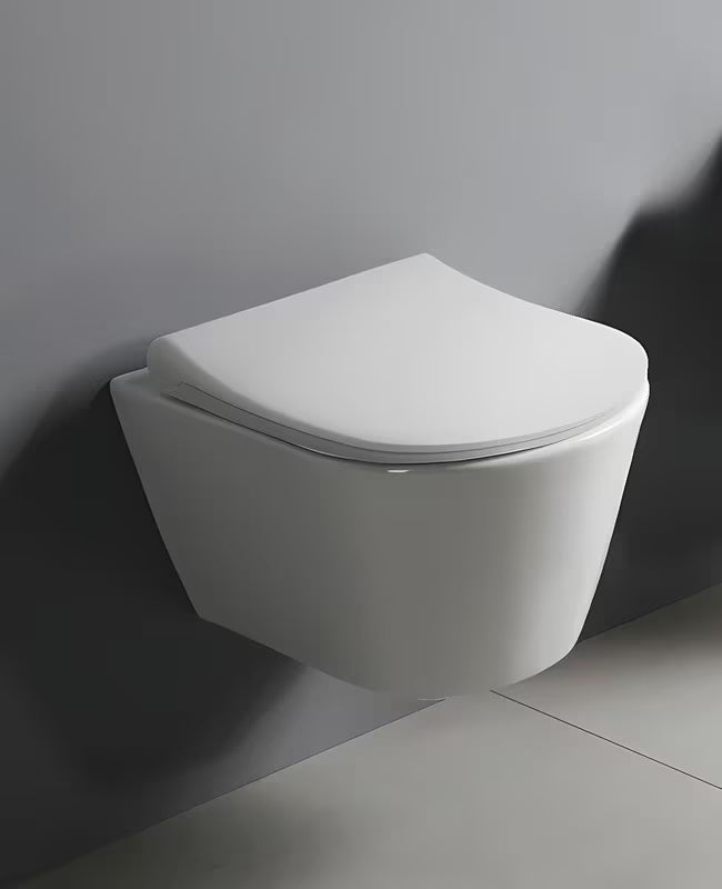 Viseča WC Školjka Glacera Ava v beli sijajni keramiki z izvedbo Rimless in skritim pritrjevanjem
