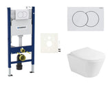 Viseči WC set Glacera Ava z inštalacijskim modulom Geberit in splakovalno tipko Delta v sijajni beli barvi.