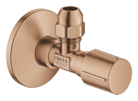 Kotni ventil Grohe v površini brushed warm sunset s kovinskim ročajem in kovinsko rozeto