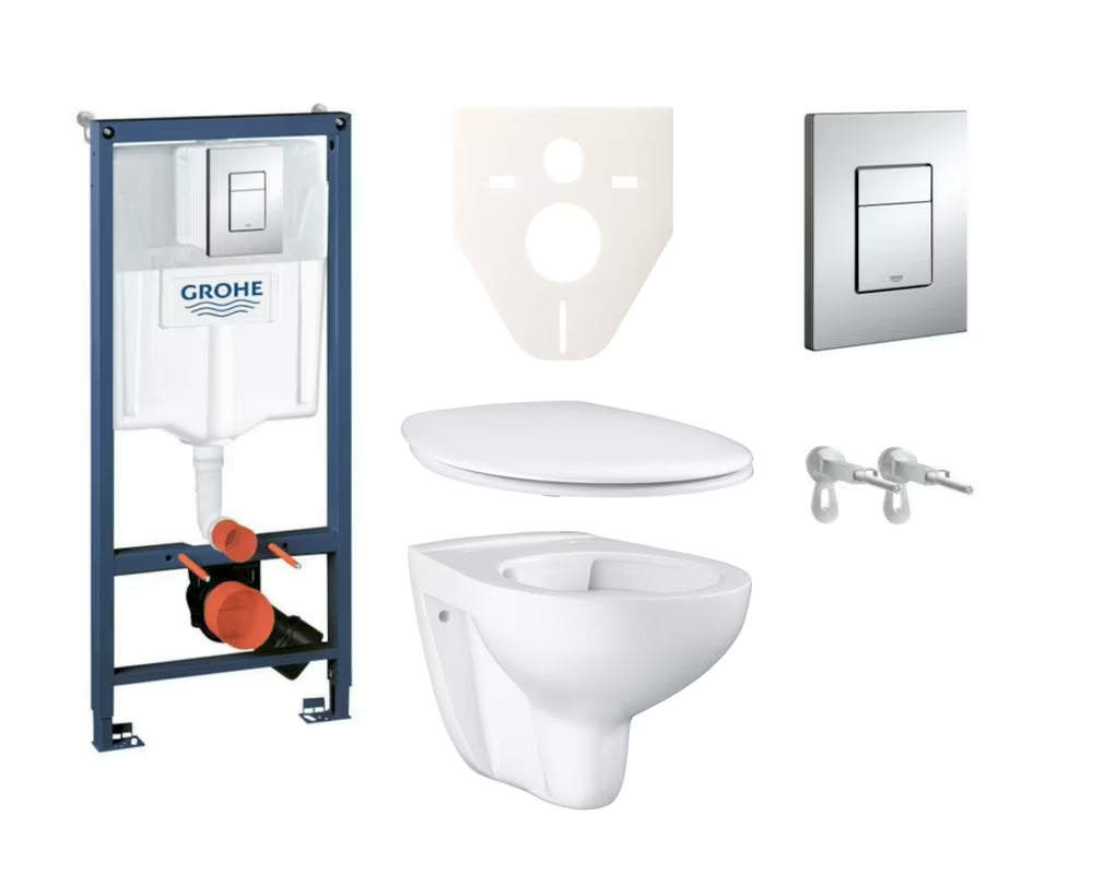 Viseči WC set Grohe Bau Ceramic s predstenskim modulom, splakovalnikom, WC-desko in tipko v sijajnem kromu.