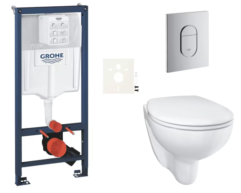 Viseči WC set Grohe Bau Ceramic z instalacijskim modulom Rapid SL, tipko Arena Cosmopolitan in WC-desko mehko Zapiranje Soft Close