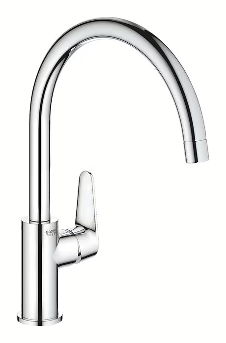 Kromirana armatura za pomivalno korito Grohe baucurve z visokim izlivom in vrtljivim izlivom 360°