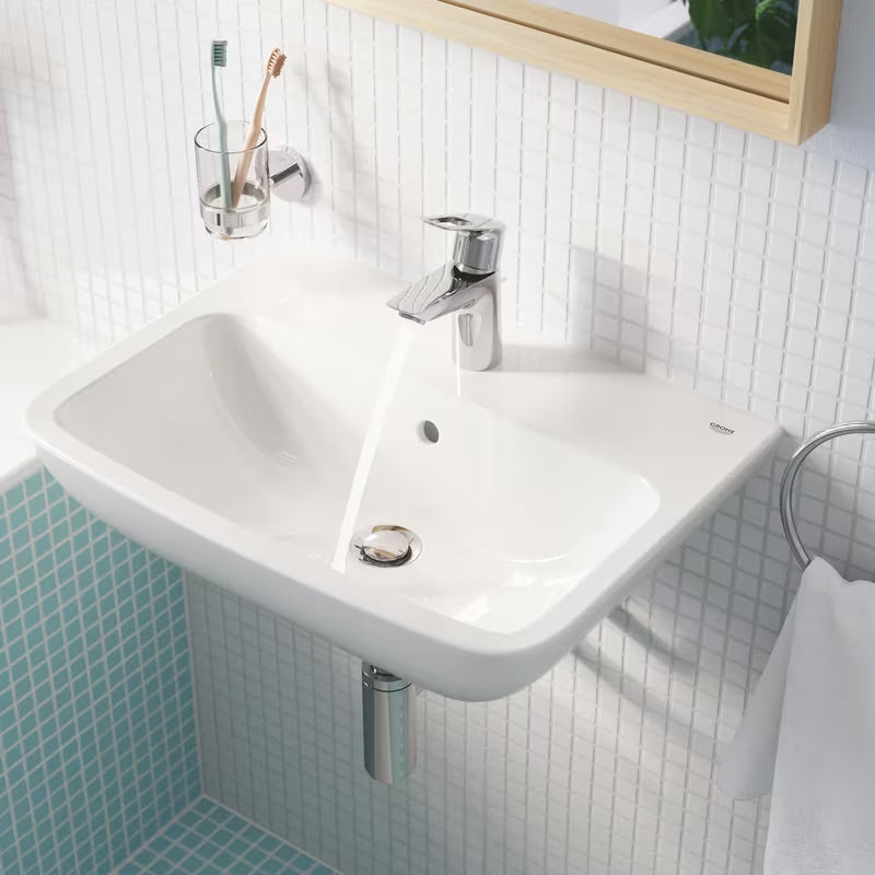 Kromirana enoročna stoječa armatura za umivalnik Grohe bauloop z odtokom