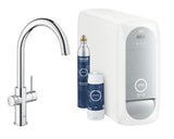 Kromirana armatura za pomivalno korito Grohe Blue Home Duo s filtrom, hlajenjem in gumbom pro za gazirano in negazirano vodo