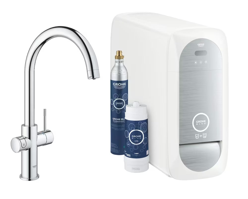 Kromirana armatura za pomivalno korito Grohe Blue Home Duo s filtrom, hlajenjem in gumbom pro za gazirano in negazirano vodo