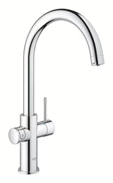 Kromirana armatura za pomivalno korito Grohe Blue Home Duo s filtrom, hlajenjem in gumbom pro za gazirano in negazirano vodo