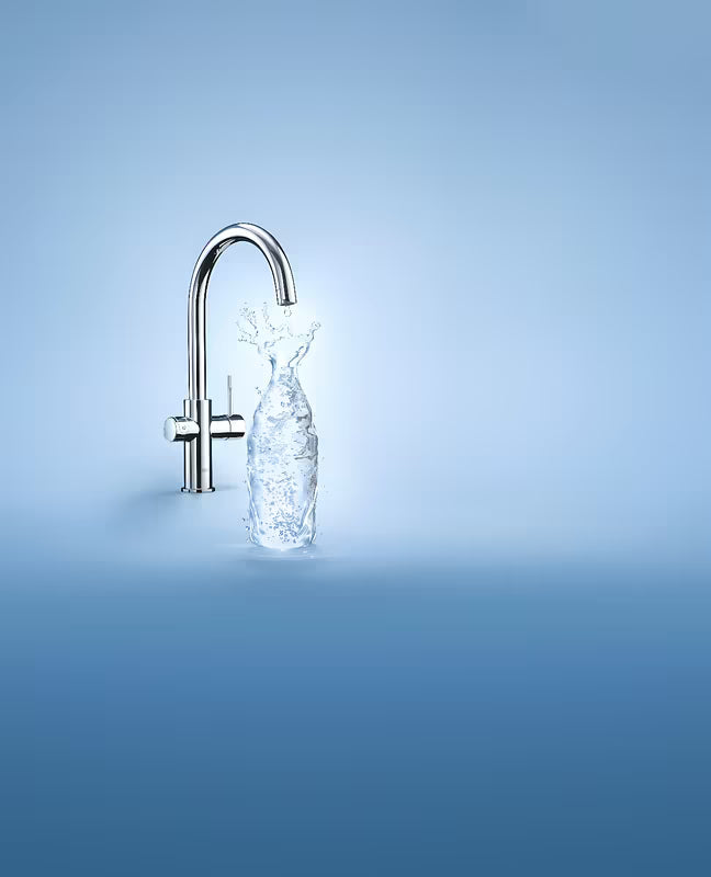 Kromirana armatura za pomivalno korito Grohe Blue Home Duo s filtrom, hlajenjem in gumbom pro za gazirano in negazirano vodo