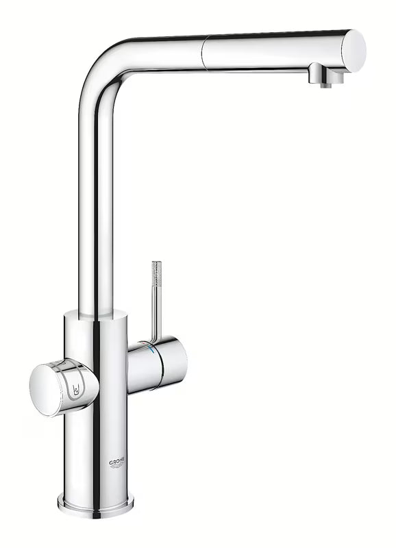Kromirana kuhinjska armatura za pomivalno korito Grohe Blue Home Duo s filtrom, hlajenjem in izvlečnim perlatorjem