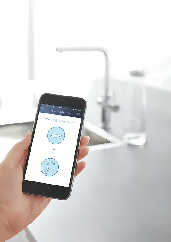 Kromirana kuhinjska armatura za pomivalno korito Grohe Blue Home Duo s filtrom, hlajenjem in izvlečnim perlatorjem