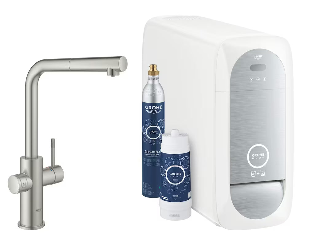 Grohe Blue Home armatura za pomivalno korito supersteel s filtrirno funkcijo in hladilnikom pro gazirano vodo