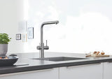 Grohe Blue Home armatura za pomivalno korito supersteel s filtrirno funkcijo in hladilnikom pro gazirano vodo