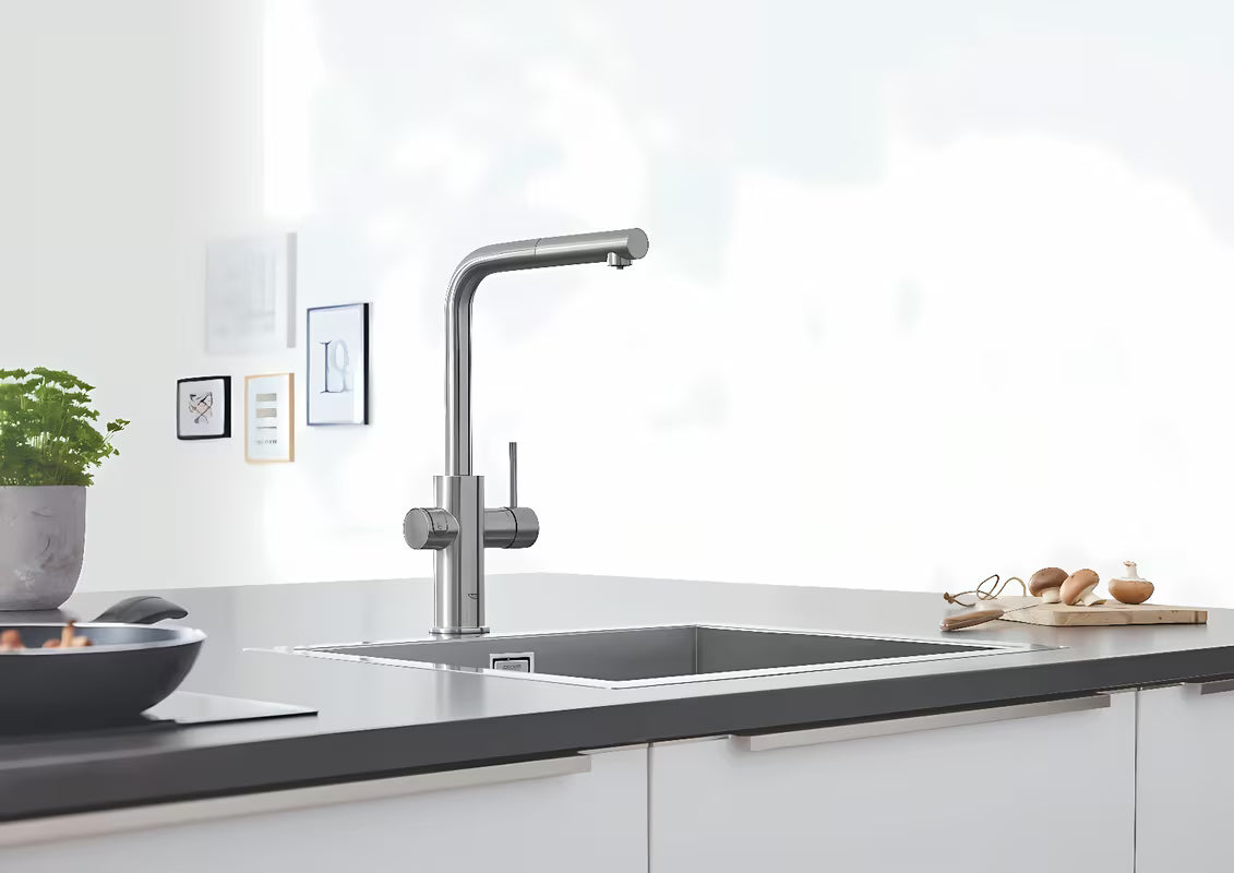 Grohe Blue Home armatura za pomivalno korito supersteel s filtrirno funkcijo in hladilnikom pro gazirano vodo