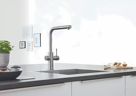 Grohe Blue Home armatura za pomivalno korito supersteel s filtrirno funkcijo in hladilnikom pro gazirano vodo