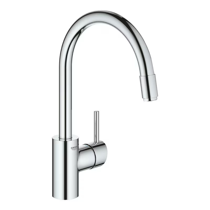 Kromirana armatura za pomivalno korito Grohe Concetto New z visokim vrtljivim izlivom in izvlečno prho.
