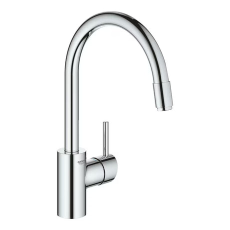 Kromirana armatura za pomivalno korito Grohe Concetto New z visokim vrtljivim izlivom in izvlečno prho.