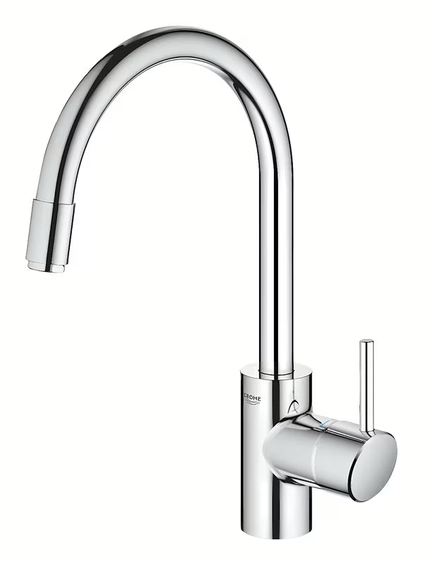 Kromirana armatura za pomivalno korito Grohe Concetto New z visokim vrtljivim izlivom in izvlečno prho.